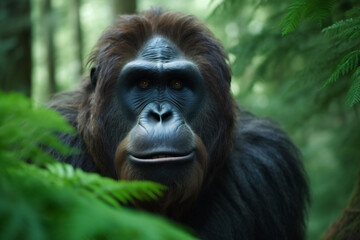 photo of apes face against a green forest backgroud