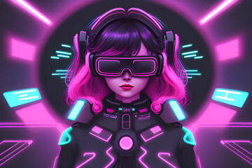 Woman in VR glasses in neon space, digital art illustration. Generative AI