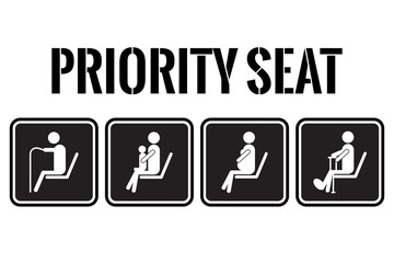 Seat priority icon. Seating people with disabled passenger, cripple, pregnant woman or with infant baby. Using in public transportation, bus, metro, train, airport. Eps 10 vector illustration.