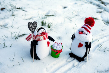 Winter composition: two toy penguins in knitted hats and scarves met on a walk. 