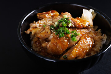 Grilled Chicken teriyaki rice Japanese food isolated in black background