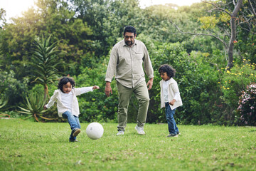 Happy, soccer and father with children in garden for playful, learning and sports. Summer, fitness...