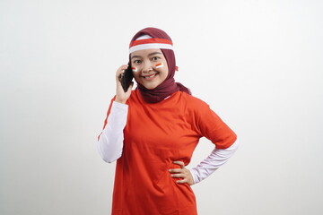 Indonesian independence day concept, Hijab Woman calling gesture