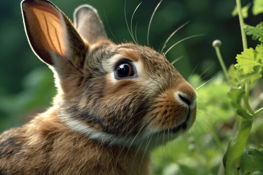 photo of Rabbits face on a green forest background