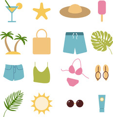 Summer vacation, vector set. Starfish, palm trees and palm leaves, hat and bag, swimsuit and swimming trunks, glasses and flip flops, shorts and tank top, ice cream and cocktail, sun and sunscreen.