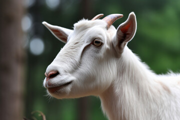photo of Goats face against a green forest background