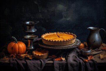 Still life with autumn Pumpkin pie for Thanksgiving day. Generative AI.