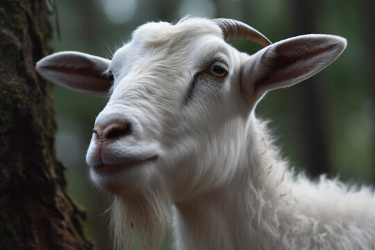 photo of Goats face against a green forest background