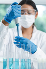 medicine research in chemical laboratory, chemist scientist working with liquid experiment test...