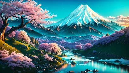 Fototapeta na wymiar Cherry blossom trees with lake and sunrise in the mountains, generative Ai art 