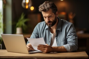The depressed young Caucasian man sitting at home office desk on laptop reading documents Millennial men get distracted from computer work. Consider posting paperwork or news correspondents