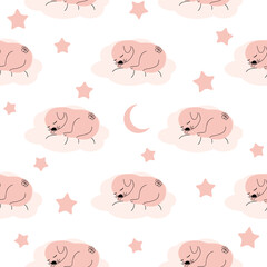 Fototapeta premium Cute sleeping puppy, clouds, stars, crown, butterflies Seamless pattern. Gentle colors. For newborns