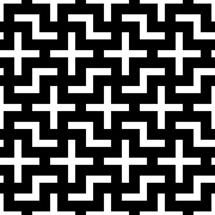 Repeated white puzzle on black background. Seamless surface pattern design with logic mosaic ornament. Tetris motif. Grid wallpaper. Digital paper for page fills, web designing, textile print. Vector.