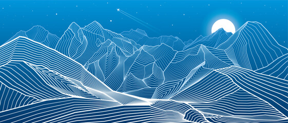 Mountains outline illustration. Night landscape. Himalayas. Snow hills.  Moon and stars. Vector design art - 622758473