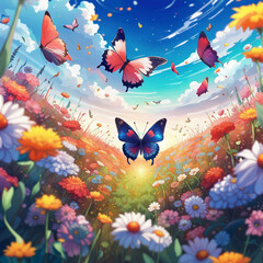 Obraz na płótnie Canvas Generative AI beautiful anime butterfly, beautiful close up butterfly in blooming flowers, lovely anime butterfly, wonderful anime butterfly in the blooming flowers, charming cartoon butterfly
