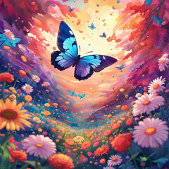 Generative AI beautiful anime butterfly, beautiful close up butterfly in blooming flowers, lovely anime butterfly, wonderful anime butterfly in the blooming flowers, charming cartoon butterfly