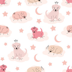 Cute sleeping puppy, clouds, stars, crown, butterflies Seamless pattern. Gentle colors. For newborns