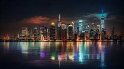 Fototapeta na wymiar City Nights: Illuminated Skyline and Captivating Waterfront Views in Vibrant Urban Centers, generative AI