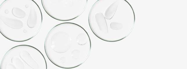 Rectangular banner with Petri dishes isolated. Smears of cream and gel. Can be pasted on your background