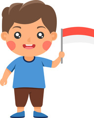 Cute standing boy cartoon holding a red and white Indonesia flag
