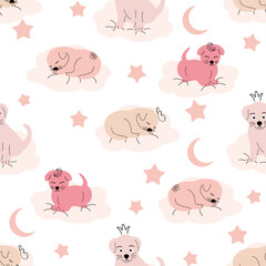 Cute sleeping puppy, clouds, stars, crown, butterflies Seamless pattern. Gentle colors. For newborns