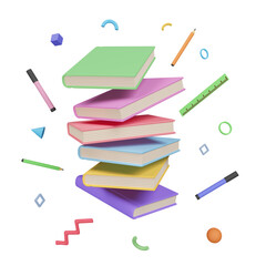 Fototapeta Pile of books and school supplies on white background. Back to school concept. 3d rendering obraz
