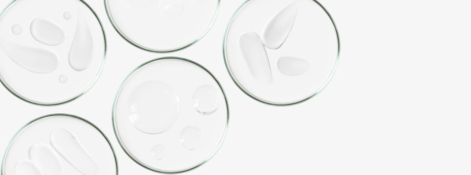 Rectangular banner with Petri dishes isolated. Smears of cream and gel. Can be pasted on your background