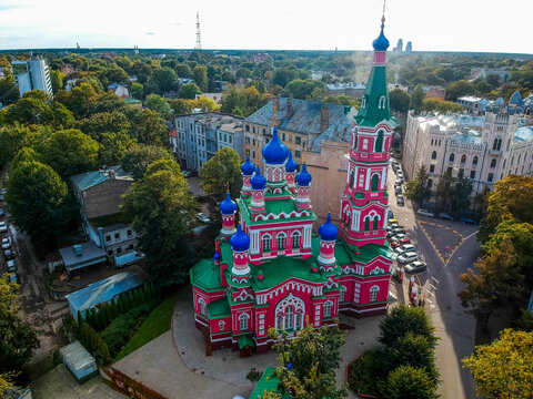 Aerial view of the Svetas coloured orthodox church in Riga downtown, Latvia.