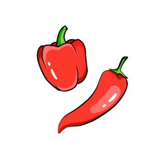 Two peppers. Bulgarian and chili peppers. Vegetables icon for restaurant menu. Vector illustration in linear style