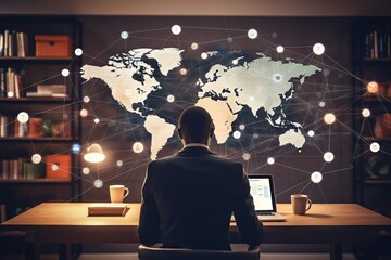 person working on laptop with world map