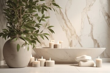 Fototapeta na wymiar Template for spa product presentation. Pedestal of marble slabs and branches with green leaves against background of wall in bathroom with masonry in light beige colors. Ai generative.