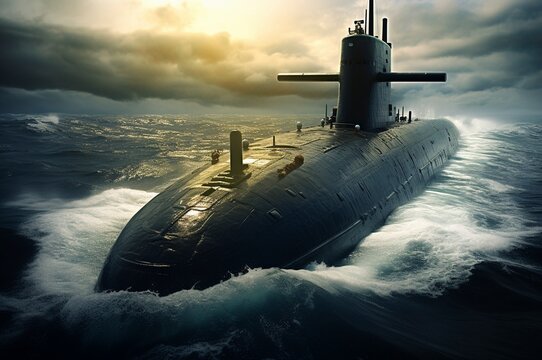 Submarino nuclear en alta mar al amanecer