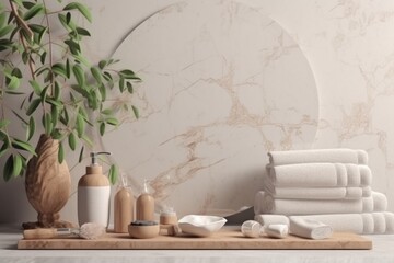Fototapeta na wymiar Template for spa product presentation. Pedestal of marble slabs and branches with green leaves against background of wall in bathroom with masonry in light beige colors. Ai generative.