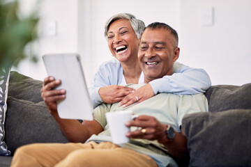 Home, tablet or senior couple laughing, happy and reading funny email, news article joke or social...