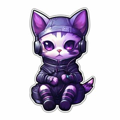 Cartoon purple cat with headphones isolated on a white background. AI-generated.