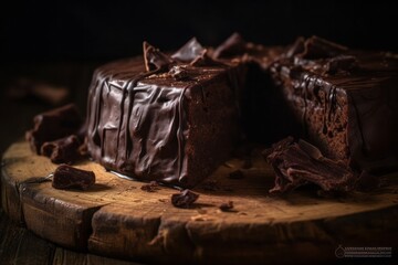 chocolate cake on a wooden plate, Close-Up of Slices of Chocolate Cake on a Wooden Board, Showcasing Naturalistic Shadows and Blink-and-You-Miss-It Detail, with a Touch of Light Bronze