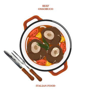 Italian beef ossobuco on white background, vector element top view on white background.