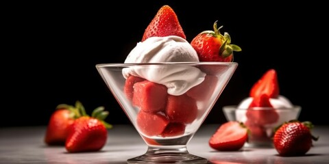 AI generated illustration of a delicious dessert with a scoop of strawberry and kiwi cream