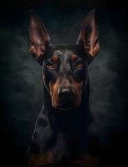 Obraz premium AI generated illustration of a Doberman portrait on a dark background