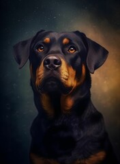 AI generated illustration of a black rottweiler portrait on a dark background