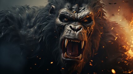 The image shows a fierce-looking gorilla in front of an intense background of flames. Image conveys a sense of danger and ferocity. Generative AI - obrazy, fototapety, plakaty