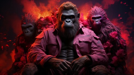 A big boss gorilla sit surrounded by bodyguards, in background are flame and fire. Generative Ai