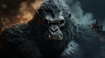 The image shows a fierce-looking gorilla in front of an intense background of flames. Image conveys a sense of danger and ferocity. Generative AI