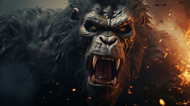 The image shows a fierce-looking gorilla in front of an intense background of flames. Image conveys a sense of danger and ferocity. Generative AI