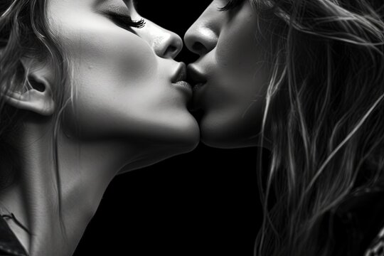 two women kissing each other on a black background