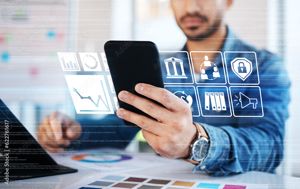 Aufkleber Hands, phone and hologram interface with icon for web design, transformation and overlay for app ui in office. Programming expert, smartphone and holographic menu for color, 3d mobile ux and coding