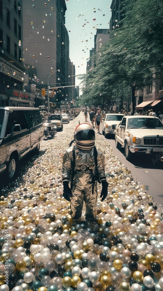 Poster ai generated illustration of a space-suited astronaut stepping through a colorful array of balloons