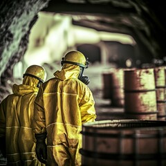 Scientists - workers in chemical protective suits examine chemical barrels in an old warehouse - dep