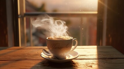 AI generated illustration of a cup of hot coffee on a wooden table on a sunny day