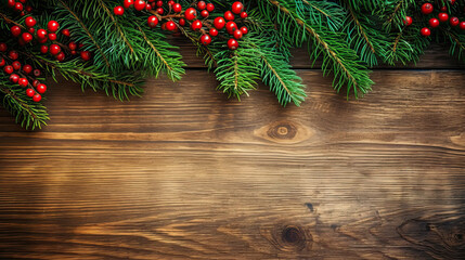 Christmas Holiday Evergreen Pine Branches and Red Berries Over Wood Background